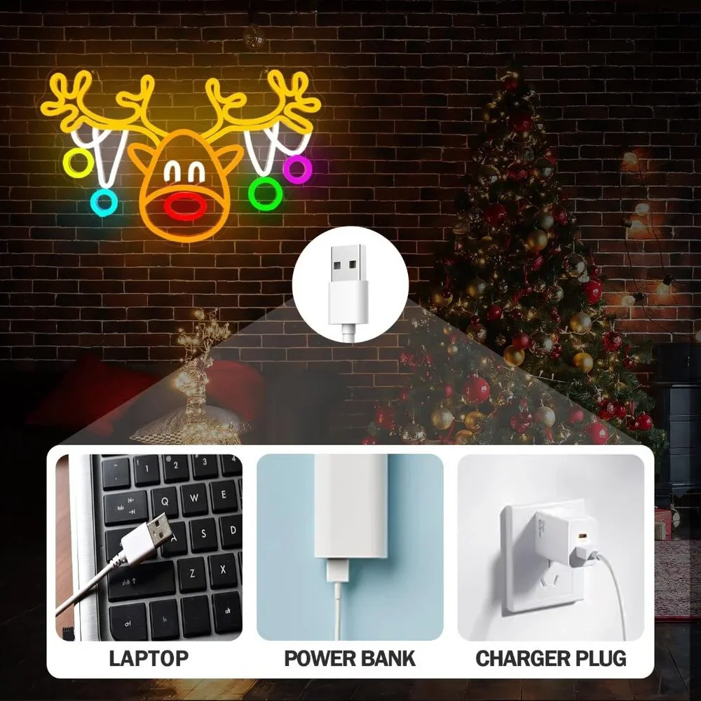 Christmas Reindeer Neon Sign Led Candy Dimmable Light Up Sign for Party Kids